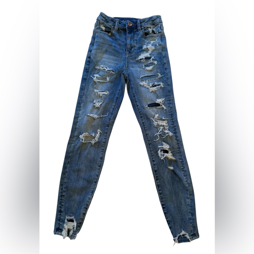 American Eagle Outfitters Ripped Blue Hi-rise Skinny Jeans Size 00 Short